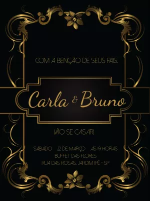 Convite de Casamento Preto e Dourado com Arabescos para Editar