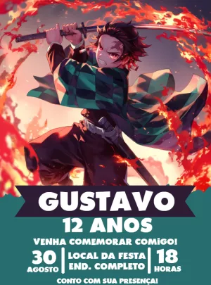Convite de Aniversário Demon Slayer com Tanjiro para Editar