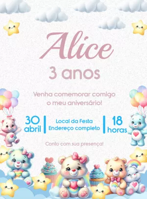 Convite Aniversário Ursinhos Carinhosos Céu de Nuvens Editável