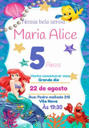 Convite Aniversário Pequena Sereia Ariel para Editar Online