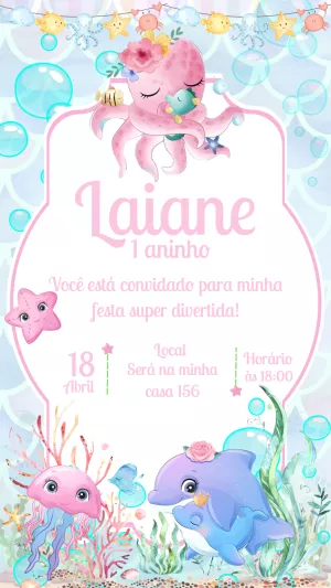 Convite Aniversário Fundo do Mar Menina para Editar Online