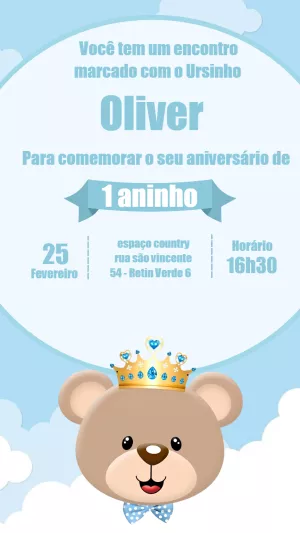 Convite Aniversário Ursinho Príncipe para Editar Online