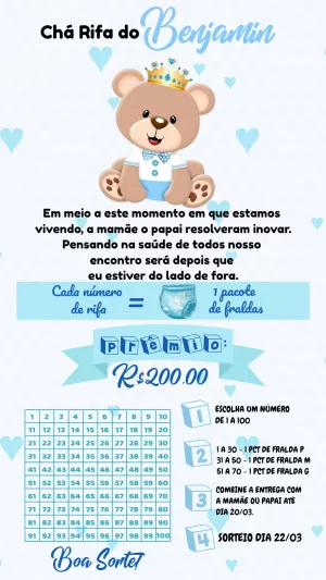 Convite Chá Rifa Ursinho Príncipe para Editar Online