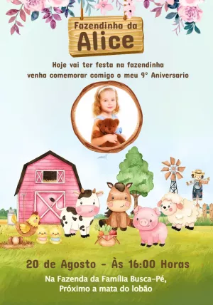Convite Aniversário Fazendinha com Foto para Editar Online