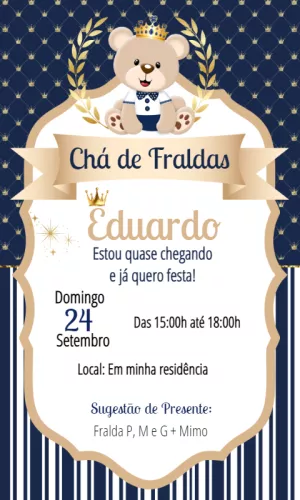 Convite Chá de Fraldas Ursinho Príncipe para Editar Online