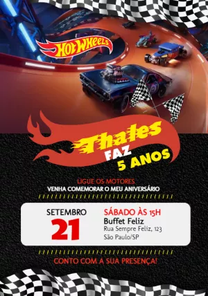 Convite de Aniversário HotWheels com Carros para Editar Online
