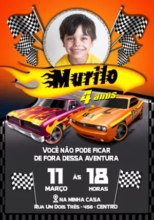 Convite de Aniversário Carros de Corrida com Foto para Editar