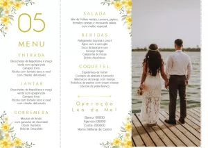 Menu de Casamento Floral Amarelo com Foto para Editar Online