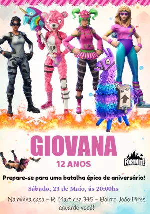 Convite de Aniversário Fortnite Feminino para Editar Online