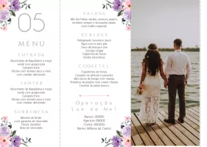 Menu de Casamento Floral Lilás com Foto para Editar Online