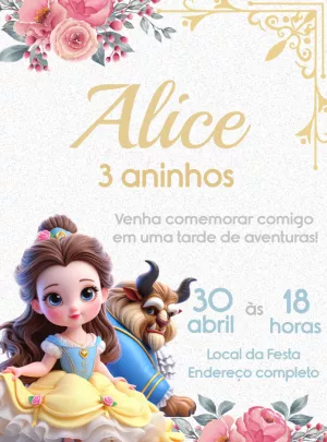 Convite de Aniversário Bela e a Fera para Editar Online