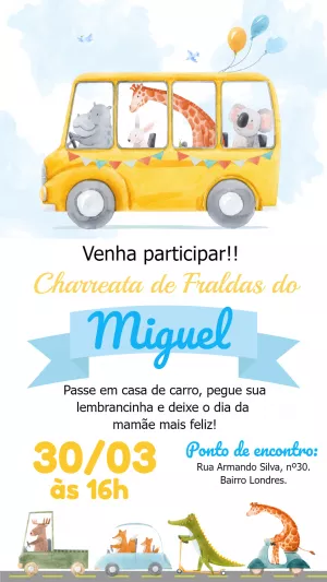 Convite Charreata de Fraldas Safari com Animais para Editar Online