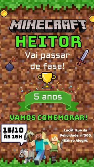 Convite de Aniversário Minecraft com Personagens para Editar