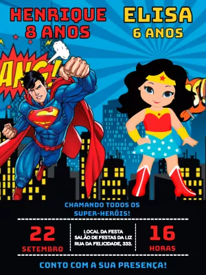 Convite Aniversário Duplo Super Homem e Mulher Maravilha para Editar