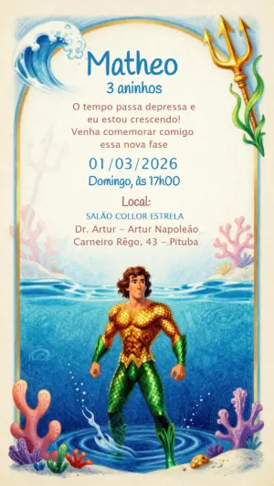 Convite Animado Aquaman Aniversário Infantil para Editar