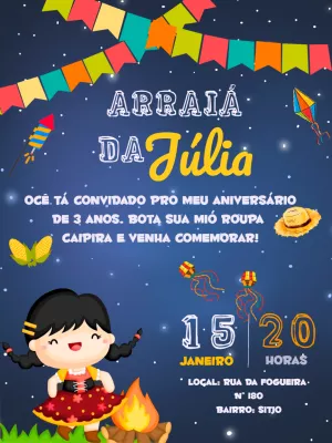 Convite Festa Junina Menina Caipira para Editar Online