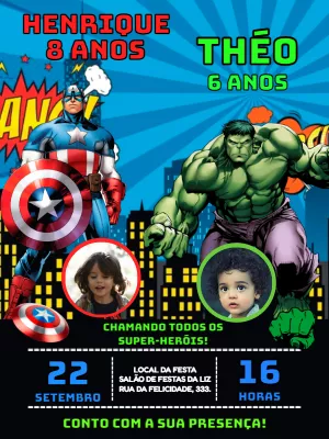 Convite Aniversário Duplo Hulk e Capitão América para Editar