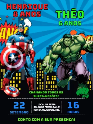 Convite Aniversário Duplo Hulk e Capitão América para Editar