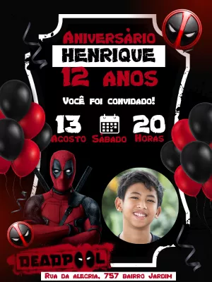 Convite Aniversário Deadpool com Foto para Editar Online