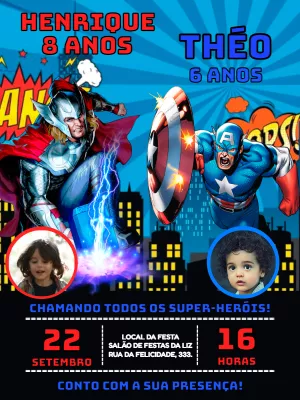 Convite Aniversário Duplo Thor e Capitão América para Editar