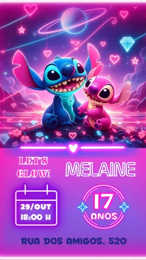 Convite Aniversário Stitch e Angel Neon para Editar Online