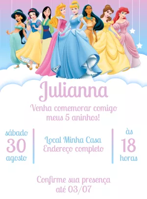 Convite Aniversário Princesas da Disney para Editar Online