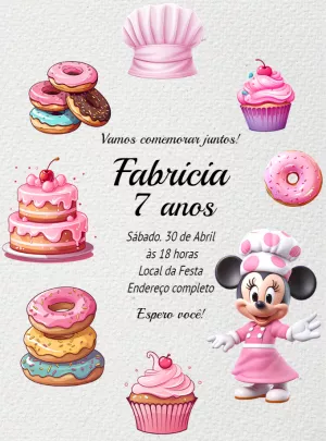 Convite Aniversário Minnie Confeiteira para Editar Online