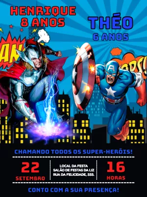 Convite Aniversário Duplo Thor e Capitão América para Editar