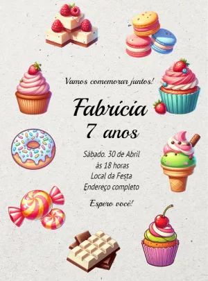 Convite de Aniversário Doces e Guloseimas para Editar Online