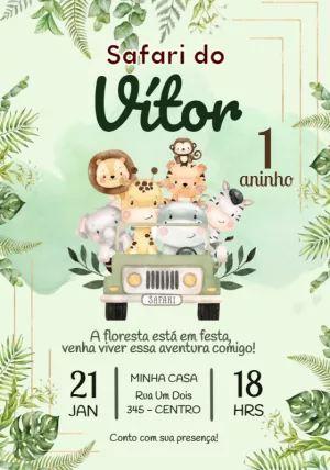Convite Aniversário Safari com Animais Fofos para Editar Online