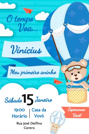 Convite Aniversário Ursinho Baloeiro para Editar Online