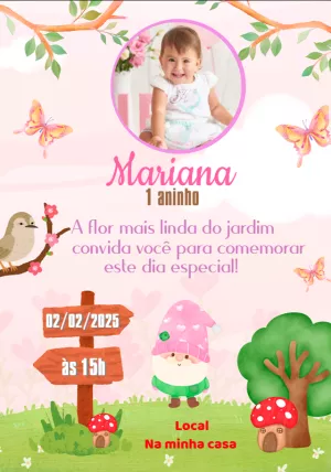 Convite Aniversário Jardim Encantado com Foto para Editar