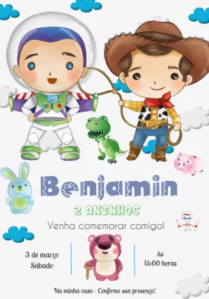 Convite Aniversário Toy Story com Personagens para Editar Online
