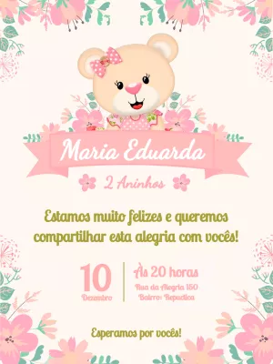 Convite Aniversário Ursinha Floral para Editar Online