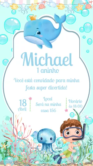 Convite Aniversário Fundo do Mar com Baleia para Editar Online