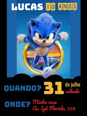 Convite de Aniversário Sonic Editável para Imprimir e Enviar