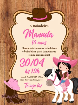 Convite Aniversário Boiadeira Cowgirl para Editar Online