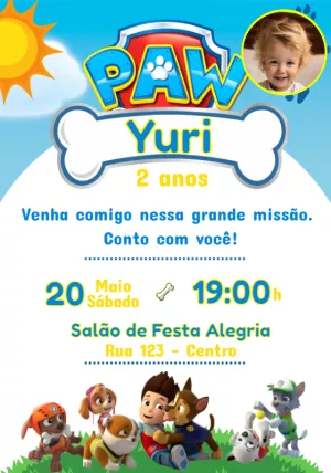 Convite Aniversário Patrulha Canina com Foto para Editar Online
