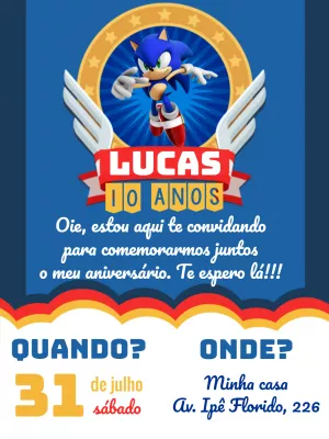 Convite de Aniversário Sonic para Editar Online Facilmente