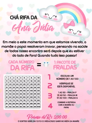 Convite Chá Rifa Chuva de Amor com Nuvens para Editar Online