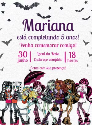 Convite de Aniversário Monster High com Personagens para Editar