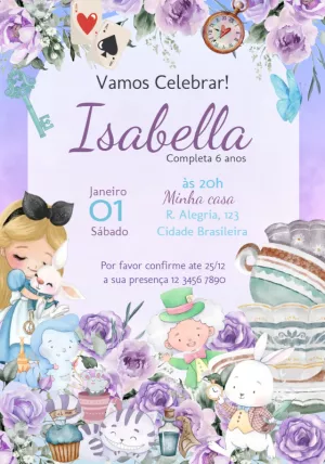 Convite Aniversário Alice no País das Maravilhas para Editar Online