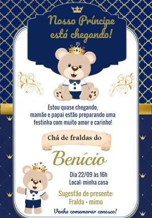 Convite Chá de Fraldas Ursinho Príncipe para Editar Online