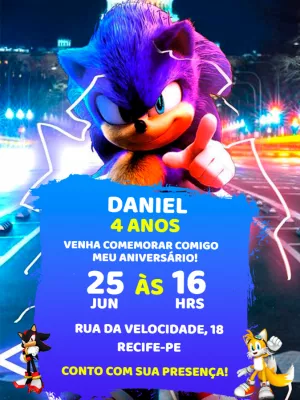 Convite Aniversário Sonic o Filme para Editar Online e Imprimir