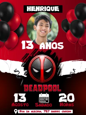 Convite Aniversário Deadpool com Foto para Editar Online