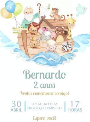 Convite Aniversário Arca de Noé com Animais para Editar Online