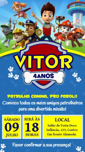 Convite de Aniversário Patrulha Canina Editável Online