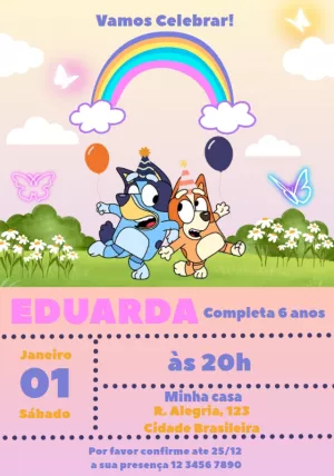 Convite Aniversário Bluey e Bingo para Editar Online