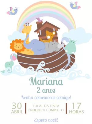 Convite Aniversário Arca de Noé com Animais para Editar Online