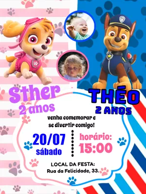 Convite Aniversário Duplo Patrulha Canina com Foto para Editar